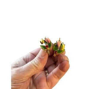 Vintage Austria Enamel Flower Earrings 1950s Pink Yellow Green Floral Screwback